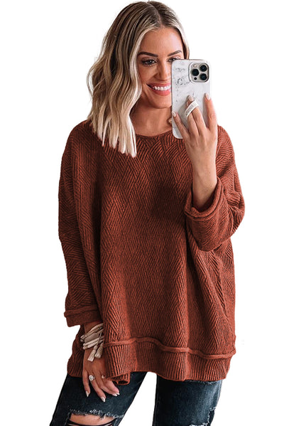 Gold Flame Solid Color Textured Crew Neck Loose Sweater-Tops-MomFashion