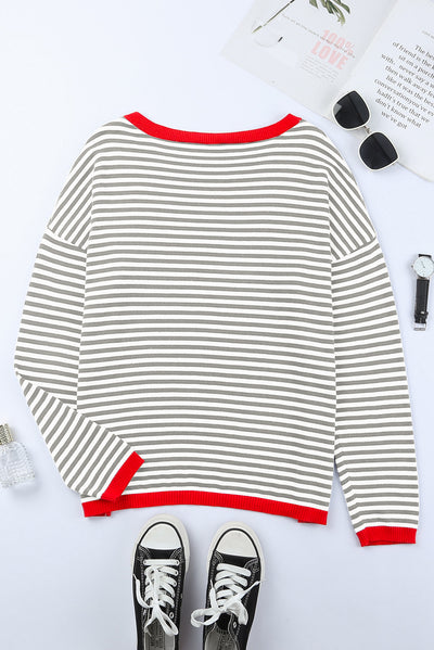 Gray Contrast Trimmed Striped Drop Shoulder Sweater-Tops-MomFashion