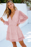 Pink Layered Ruffled Open Back Puff Sleeve Swiss Dot Mini Dress-Dresses-MomFashion