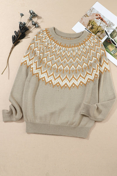 Gray Geometric Pattern Ribbed Round Neck Sweater-Tops-MomFashion