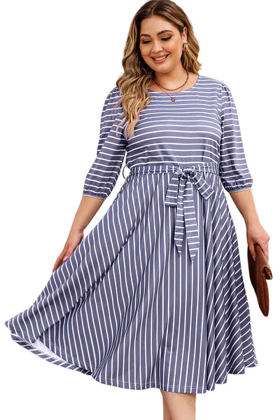 Gray Striped Tie Waist 3/4 Sleeve Plus Size Dress-Plus Size-MomFashion