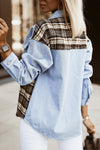 Sky Blue Plaid Patchwork Raw Hem Denim Jacket-Outerwear-MomFashion