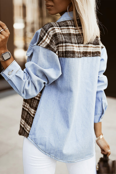 Sky Blue Plaid Patchwork Raw Hem Denim Jacket-Outerwear-MomFashion