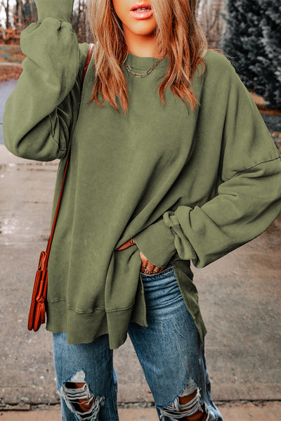 Green Drop Shoulder Ribbed Trim Oversized Sweatshirt-Tops-MomFashion