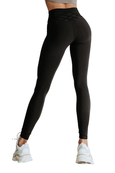 Black Criss Cross Tummy Control High Waist Leggings-Bottoms-MomFashion