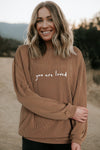 Khaki You Are Loved Print Corduroy Sweatshirt-Tops-MomFashion