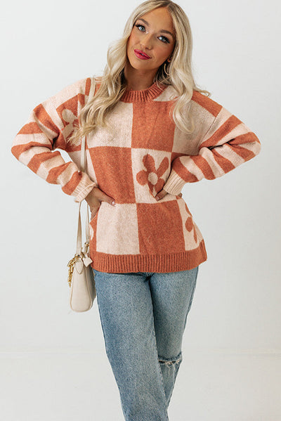 Brown Checkered Floral Print Striped Sleeve Sweater-Tops-MomFashion