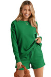 Green Textured Long Sleeve Top and Drawstring Shorts Set-Loungewear-MomFashion