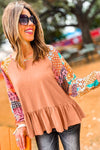 Orange Boho Paisley Mix Print Raglan Sleeve Ruffled Blouse-Tops-MomFashion