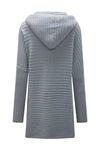 Gray Horizontal Rib Knitted Open Front Hooded Cardigan-Tops-MomFashion