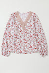 White Floral Long Sleeve Lace V-Neck Blouse-Tops-MomFashion