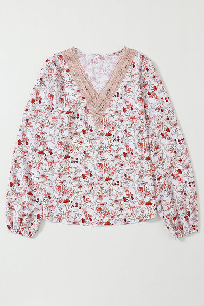 White Floral Long Sleeve Lace V-Neck Blouse-Tops-MomFashion