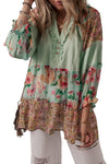 Green Printed Floral Patchwork Frilled Split Neck Blouse-Tops-MomFashion