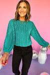 Sea Green Pleated Luster Long Sleeve Top-Tops-MomFashion