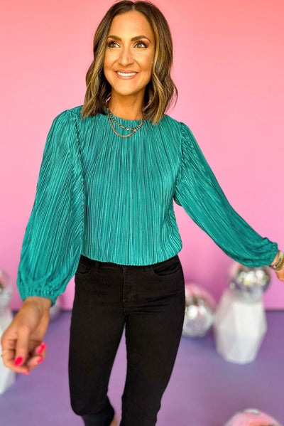 Sea Green Pleated Luster Long Sleeve Top-Tops-MomFashion