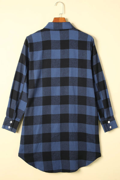 Blue Turn-down Collar Plaid Shirt Jacket-Outerwear-MomFashion