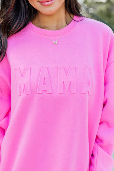 Bright Pink MAMA Letter Embossed Casual Sweatshirt-Tops-MomFashion