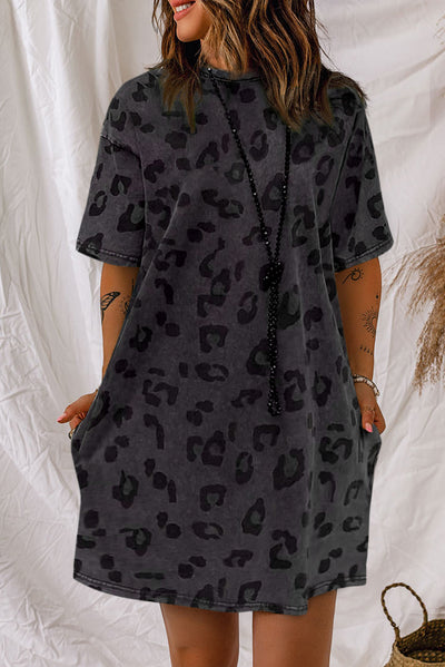 Gray Vintage Washed Leopard T-Shirt Dress with Pockets-Dresses-MomFashion