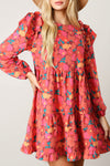 Rose Red Ruffle Shoulder Long Sleeve Floral Mini Dress-Dresses-MomFashion