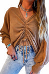 Brown V-Neck Drawstring Dolman Sleeve Waffle Knit Top-Tops-MomFashion