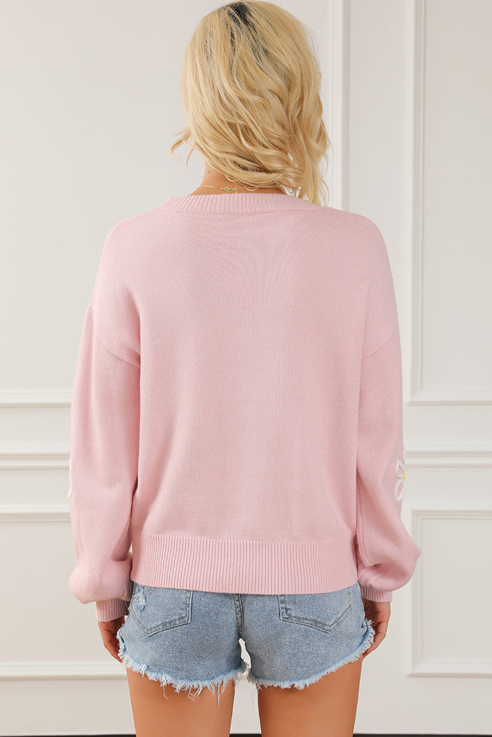 Pink Chenille Daisy Stitching Crew Neck Sweater-Tops-MomFashion