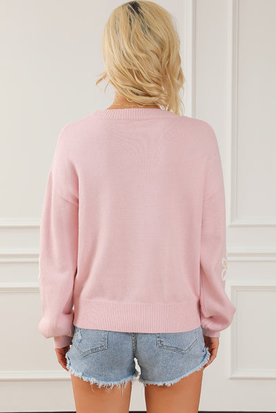 Pink Chenille Daisy Stitching Crew Neck Sweater-Tops-MomFashion