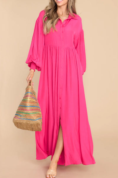 Rose Bubble Sleeve Shirt Maxi Dress-Dresses-MomFashion