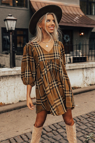 Brown Plaid Pattern Empire Waist Babydoll Dress-Dresses-MomFashion