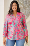 Rose Plus Size Paisley Print V Neck Roll Tab Sleeve Blouse-Plus Size-MomFashion