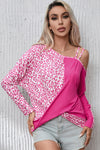 Rose Contrast Leopard Asymmetric Cold Shoulder Crossed Hem Top-Tops-MomFashion