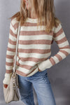 Brown Striped Round Neck Casual Sweater-Tops-MomFashion