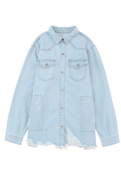 Sky Blue Flap Pocket Buttoned Raw Hem Denim Jacket-Outerwear-MomFashion