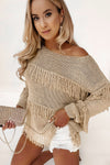 Khaki Boho Tasseled Knitted Sweater-Tops-MomFashion