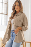 Khaki Solid Textured Flap Pocket Buttoned Shacket-Outerwear-MomFashion