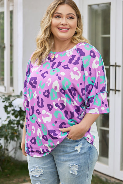 Purple Leopard Kiss Print Plus Size Short Sleeve Tee-Plus Size-MomFashion