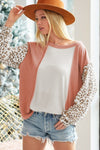 Apricot Colorblock Leopard Sleeve Patchwork Top-Tops-MomFashion