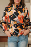 Black Floral Print Mock Neck Blouse-Tops-MomFashion