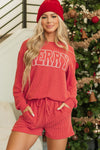 Racing Red Corded MERRY Graphic Long Sleeve Top and Shorts Set-Two Piece Sets/Short Sets-MomFashion