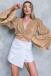 Camel Pleated Bell Sleeve Twist V Neck Cropped Blouse-Tops-MomFashion