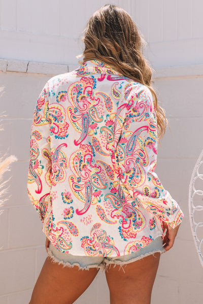 White Paisley Pattern Print Buttoned Corduroy Shacket-Outerwear-MomFashion