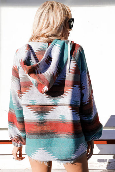 Multicolor Aztec Print Zipped Split Neck Hoodie-Tops-MomFashion