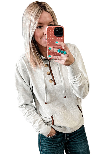 Beige Drawstring Kangaroo Pocket Henley Hoodie-Tops-MomFashion