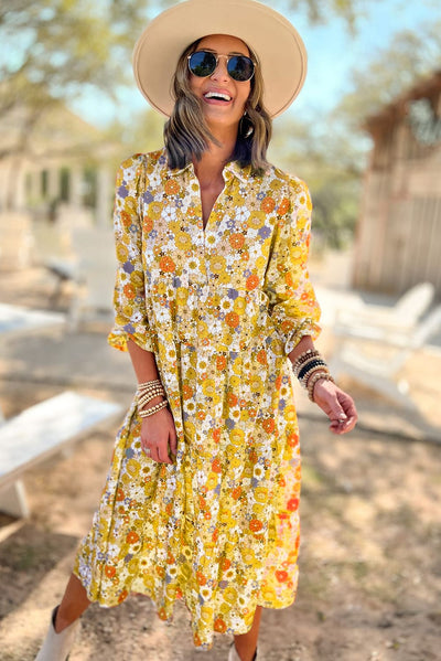 Yellow Boho Floral Collared Long Sleeve Ruffled Dress-Dresses-MomFashion