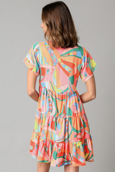 Multicolor Abstract Geometric Print Tassel Tie Flared Dress-Dresses-MomFashion