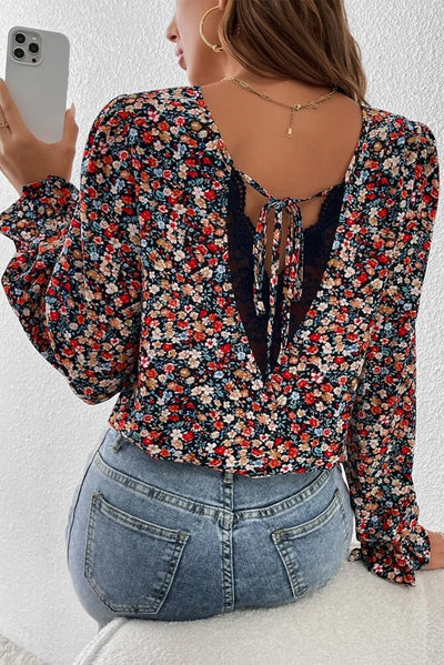 Fiery Red V Cut Lace Patch Tie-up Ruffled Puff Sleeve Floral Blouse-Tops-MomFashion