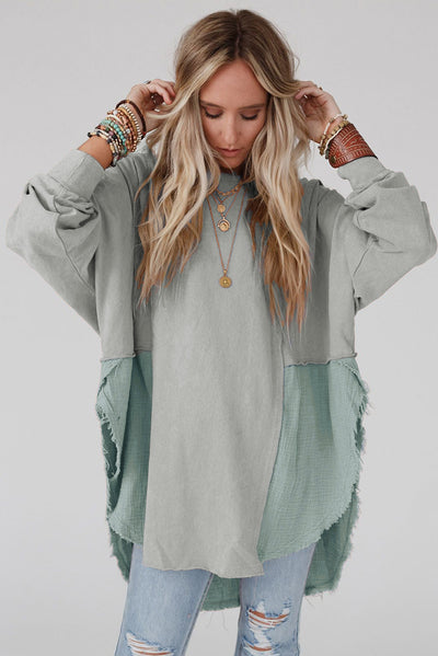 Grey Crinkle Splicing Raw Hem High Low Oversized Blouse-Tops-MomFashion