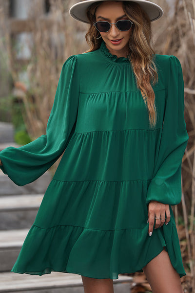 Green Puff Sleeve Mock Neck Back Knot Tiered Dress-Dresses-MomFashion