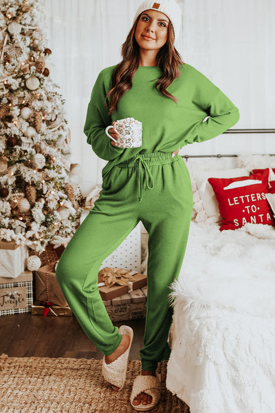 Spinach Green Long Sleeve Pullover and Jogger Pants Lounge Set-Loungewear-MomFashion