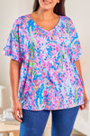 Sky Blue Plus Size Plant Print V Neck T-shirt-Plus Size-MomFashion