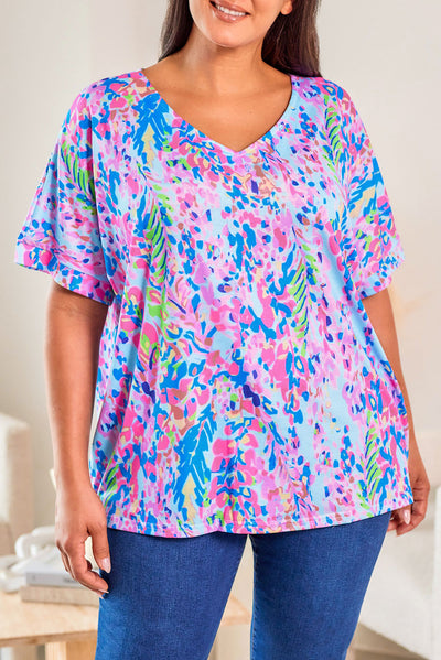 Sky Blue Plus Size Plant Print V Neck T-shirt-Plus Size-MomFashion